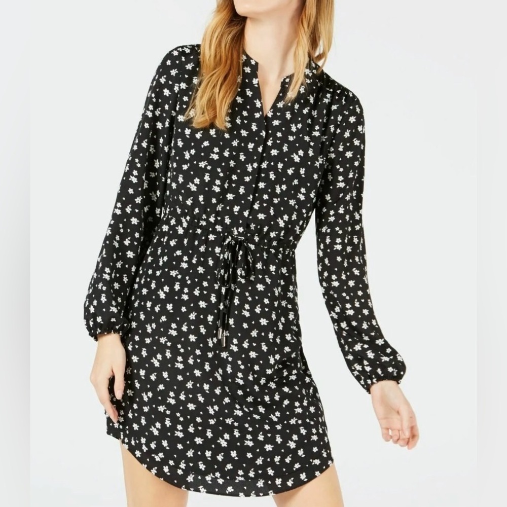 Maison Jules Women's Black Floral Long-Sleeved Shirt Dress Sz. MEDIUM